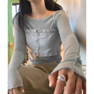 Exclusive 简约甜美木耳边叠穿外搭排扣超短吊带背心上衣女 type