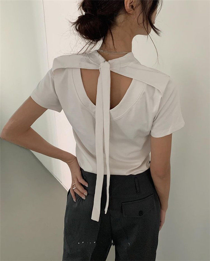 Exclusive type 韩国小众设计感背后系带小心机露背短袖T桖上衣女