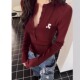 type 韩国小众复古酒红色v领长袖 t恤女修身 Exclusive 显瘦打底衫