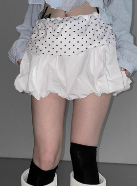 Exclusive type 街头个性复古波点接拼设计松紧腰A字蓬蓬半身短裙