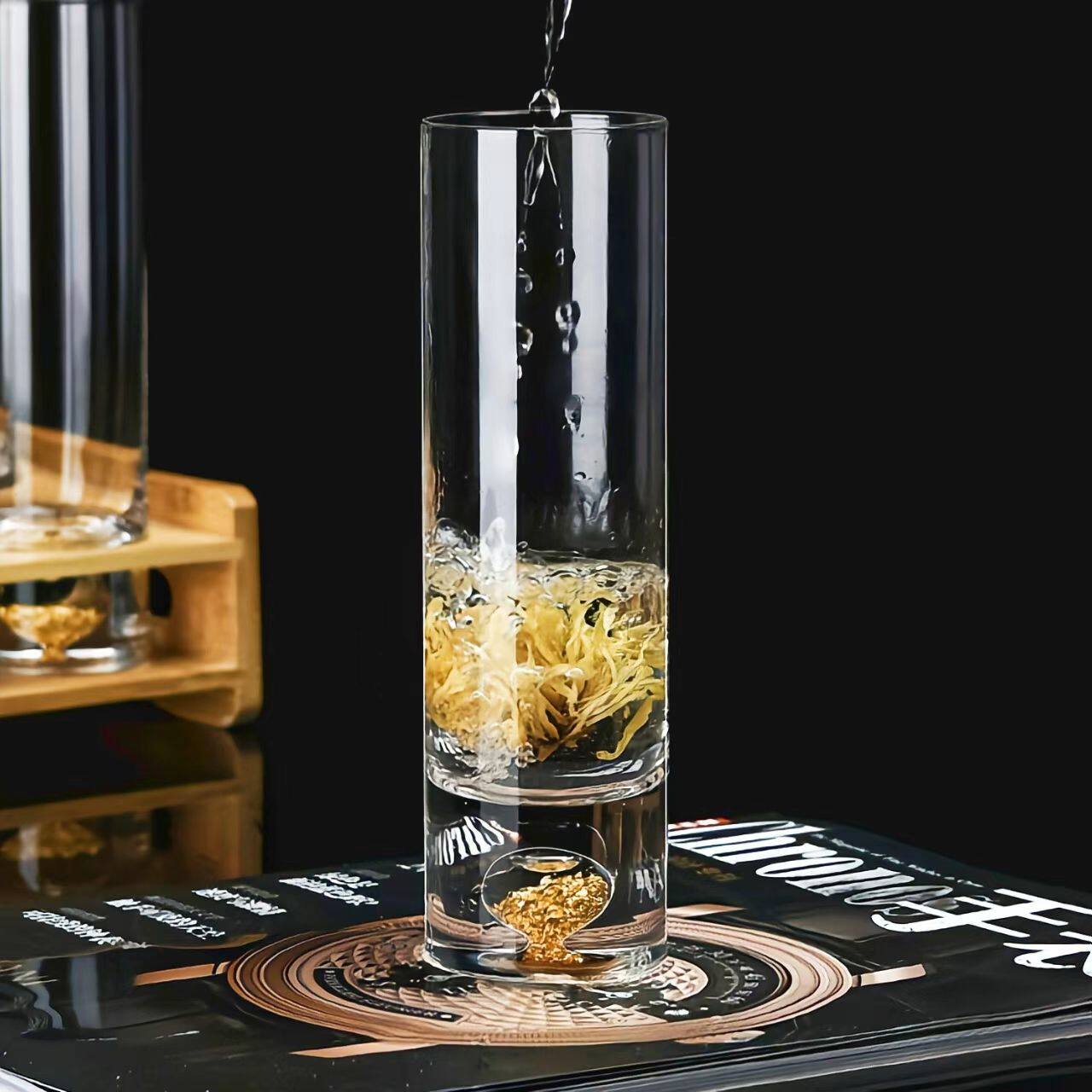 金箔金山直身水晶玻璃家用加长饮杯高杯耐热开水杯柯林杯绿茶杯