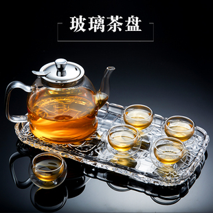 玻璃茶盘水壶茶具水杯托盘杯盘茶杯盘杯子水晶透明长方形家用大号