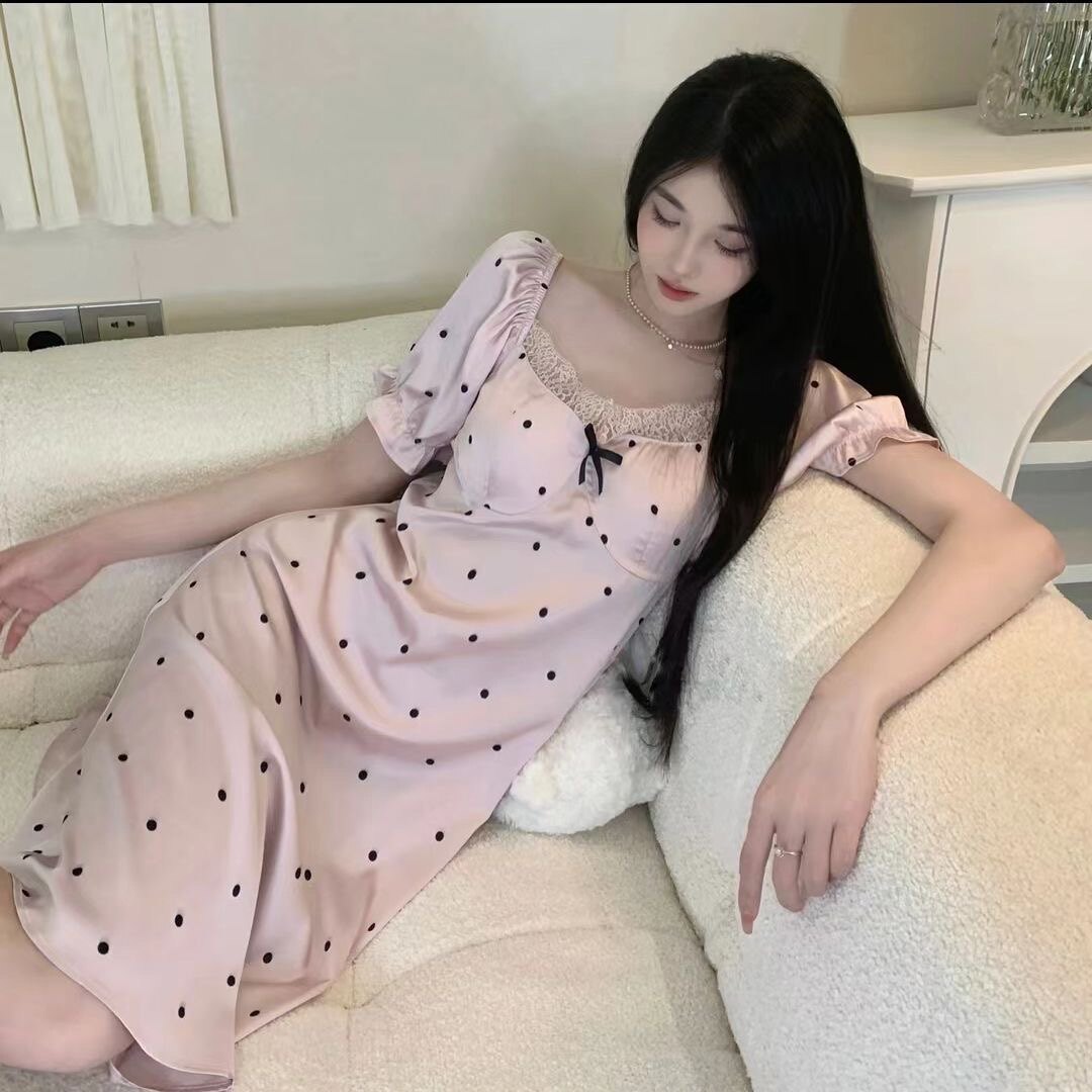 短袖睡裙女冰丝波点碎花带胸垫甜美花边中长款圆点睡衣家居服裙子