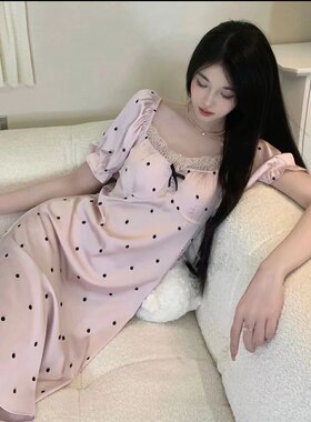 短袖睡裙女冰丝波点碎花带胸垫甜美花边中长款圆点睡衣家居服裙子
