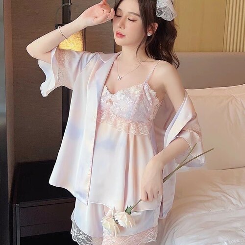 三件套睡衣女夏季冰丝性感蕾丝吊带带胸垫短裤轻奢甜美气质家居服