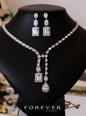 铜镀白金镶锆石女士宴会礼服项链