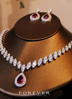 奢华简约新娘锆石项链耳环红色水晶高端女韩式婚纱礼服晚宴配饰品