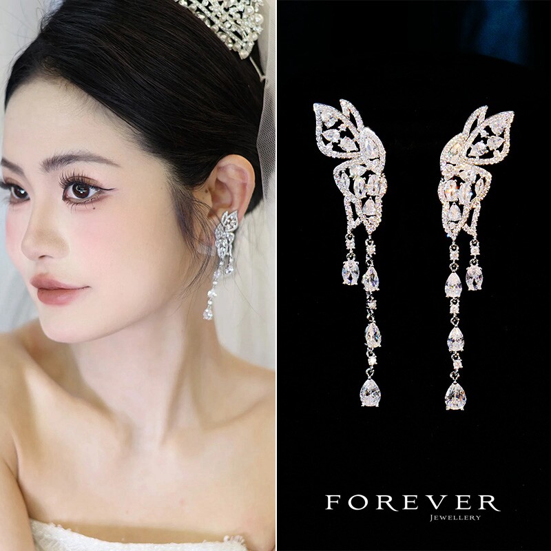 韩式长款微镶锆石花朵气质流苏耳环新娘宴会耳坠结婚纱礼服耳饰品