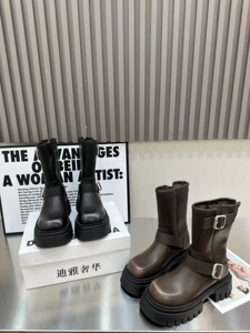 欧洲站2023早秋新款纯皮真皮擦色方头松糕厚底中筒马丁靴机车女鞋