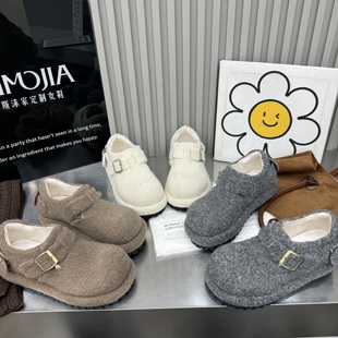 新款 学院风女鞋 毛呢圆头厚底松糕增高底勃肯鞋 瓢鞋 乐福鞋 2026春季