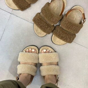 TTYY2026夏季新款羊羔毛厚底外穿平底休闲百搭女鞋露趾沙滩凉拖鞋