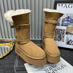 厚底松糕短靴加厚保暖中筒靴女鞋 羊皮毛一体雪地棉靴2025冬季 新款