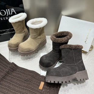 休闲鞋 磨砂真皮厚底增高加绒保暖雪地靴女鞋 新款 芭慕秀2025冬季