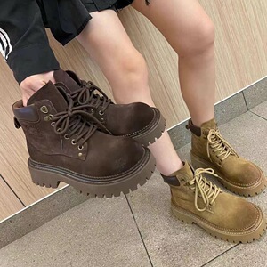 马丁靴女2024秋季新款磨砂纯皮真皮机车靴西部靴厚底松糕烟筒靴