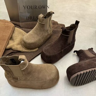 短靴 高帮勃肯鞋 2025新款 磨砂真皮纯皮加绒厚底松糕内增高百搭女鞋