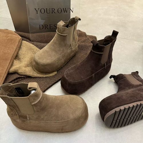 2025新款磨砂真皮纯皮加绒厚底松糕内增高百搭女鞋高帮勃肯鞋短靴