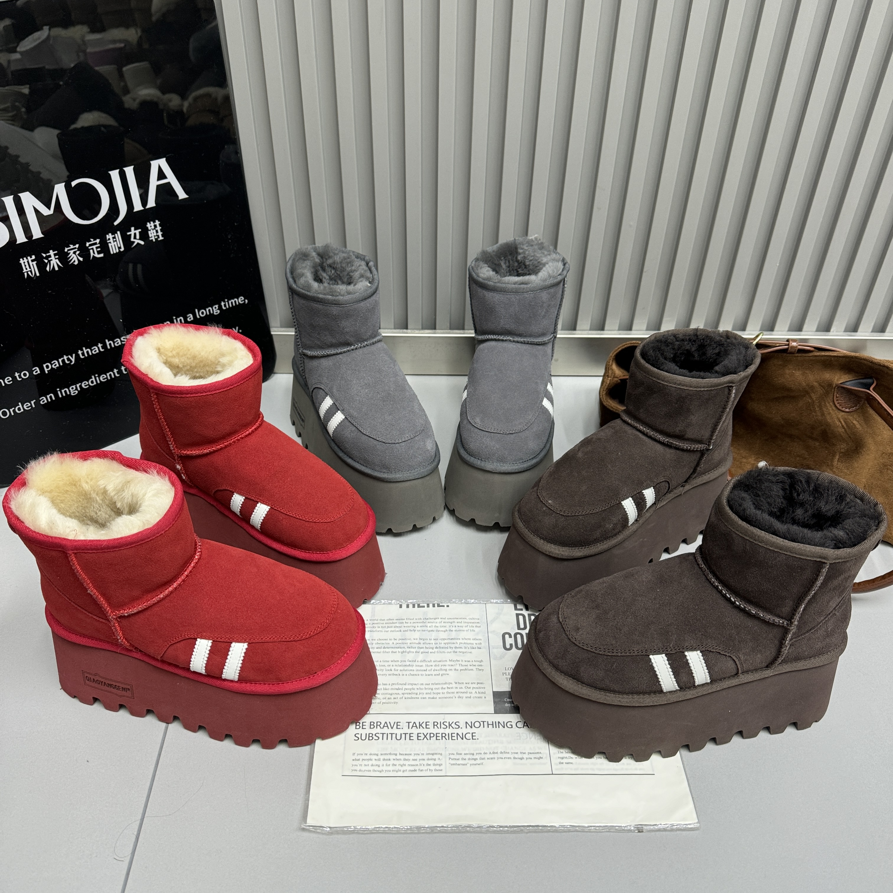 2025冬季新款磨砂真皮厚底内增高羊羔毛毛鞋加绒保暖雪地靴女短靴
