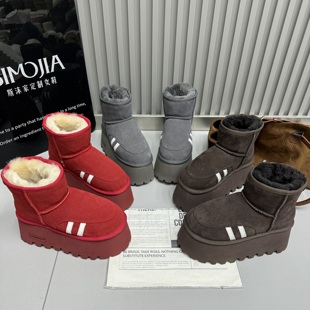 加绒保暖雪地靴女短靴 磨砂真皮厚底内增高羊羔毛毛鞋 2025冬季 新款