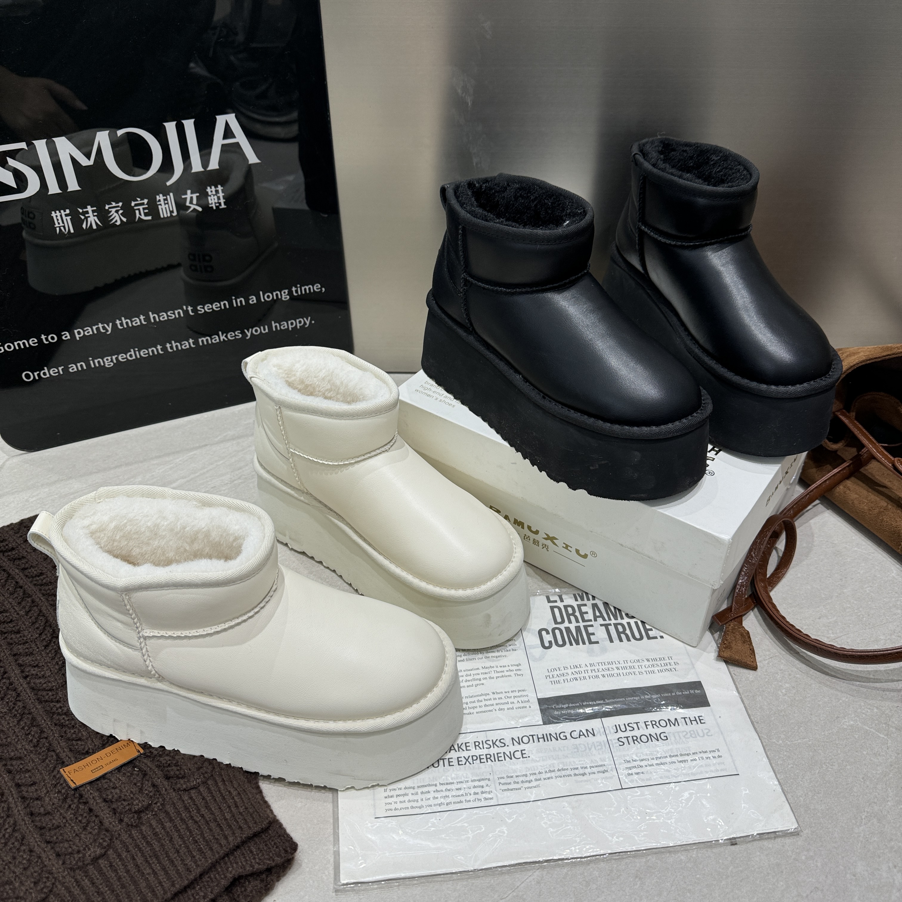 芭慕秀2025冬季新款真皮厚底增高羊毛加绒保暖短靴雪地靴百搭女鞋