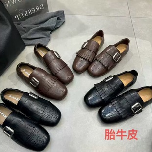 百搭平底乐福鞋 2026春季 真皮时尚 真皮复古流苏带扣雕花穆勒鞋 新款