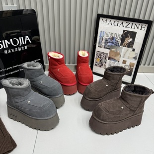 短靴女鞋 2025冬季 磨砂真皮厚底增高雪地靴羊羔毛毛加绒保暖面包鞋