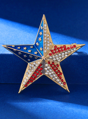 国旗图案滴油镶钻胸针五角星造型服装外套装饰别针高级感西装胸花