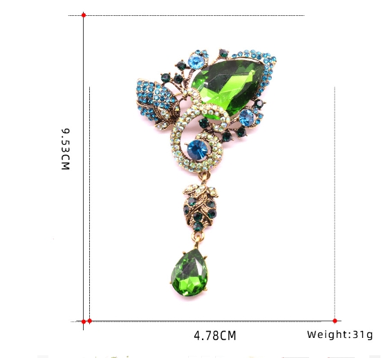 复古宫廷个性水滴胸针欧美时尚水晶胸花满钻奢华重工绿色别针配饰