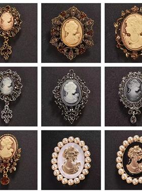 复古宫廷胸针女胸花女防走光欧美时尚美人头像风衣徽章别针领针扣