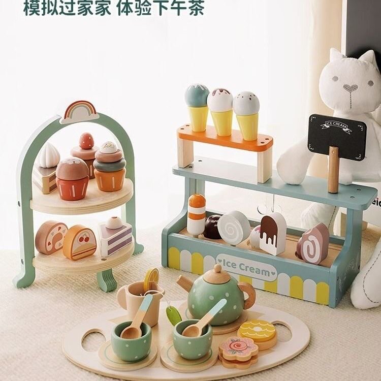 儿童过家家茶具组合下午茶甜点仿真茶壶餐具套装木制厨房切切玩具图片