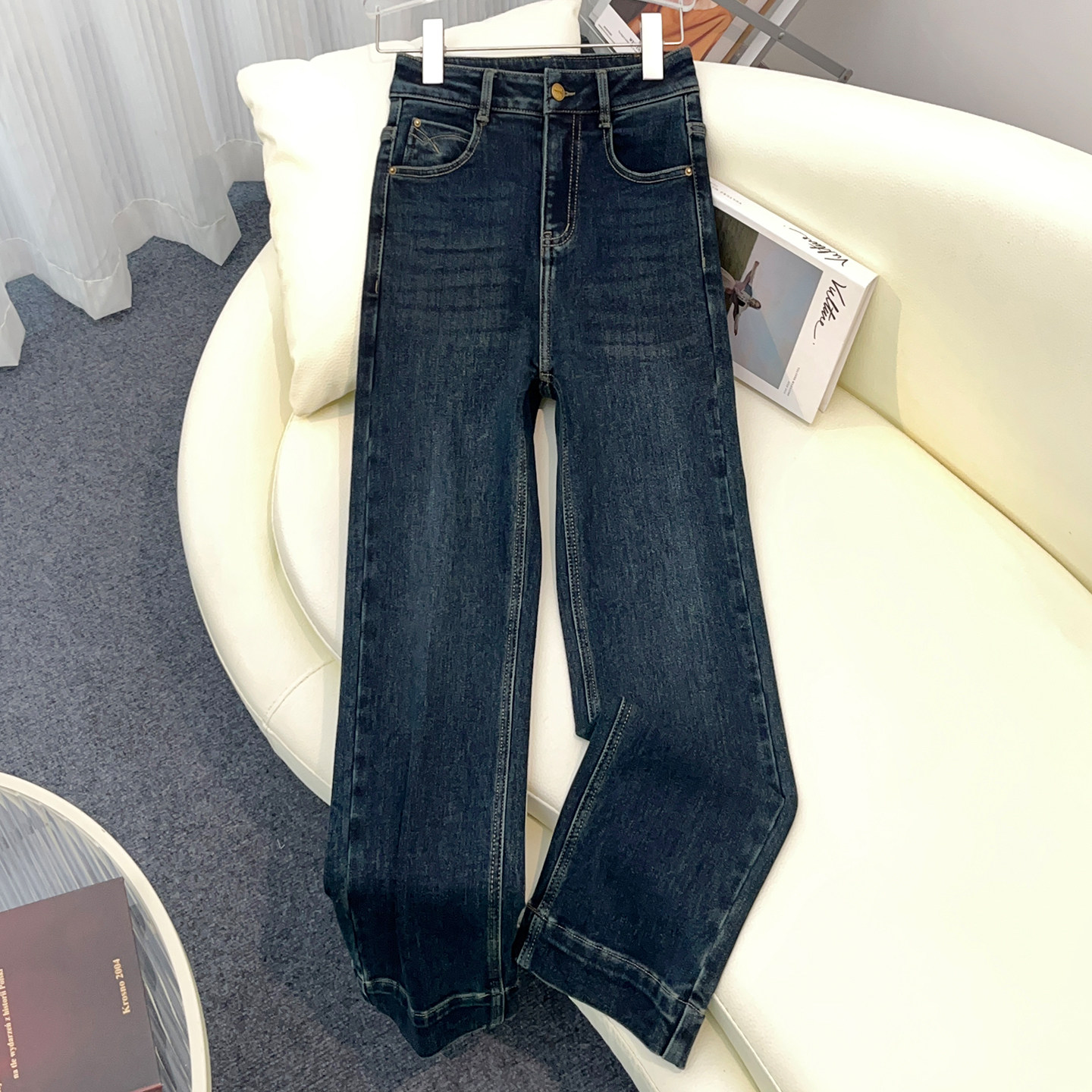 蓝色阔腿牛仔裤女2025新款秋季高腰显瘦宽松小个子复古直筒九分裤