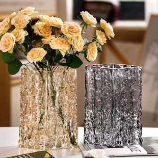 高级感玻璃花瓶ins风高颜值菱形大口径冰川插花器透明桌面摆件