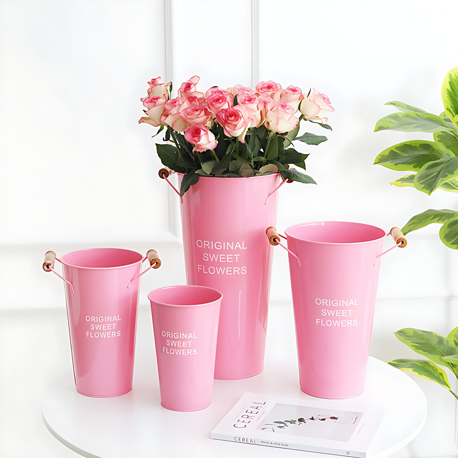 【粉色木把花桶】北欧铁皮桶插花深水养花瓶家用醒花桶花店鲜花桶