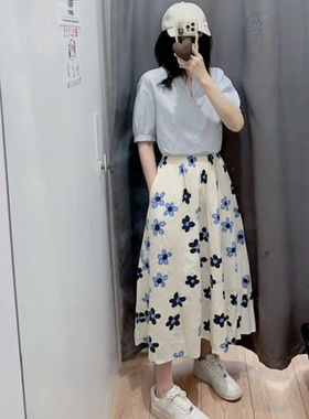 海边度假风！日系夏季棉麻半身裙印花裙A字高腰伞裙长裙女467518