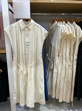 日单夏季女装麻混纺衬衫式连衣裙抽褶长裙短袖衬衫裙470805