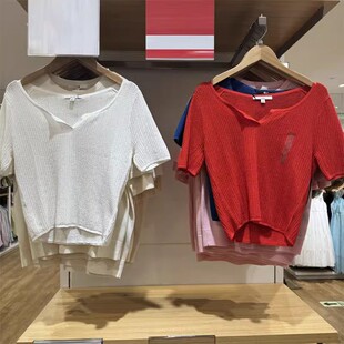日单夏季女装蕾丝开领针织衫半袖收腰半开领短袖上衣466362