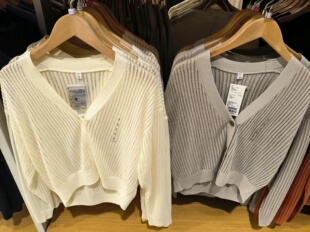 薄外套空调衫 日单夏季 镂空透气长袖 网眼V领短针织开衫 468541 女装