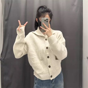 日系秋冬女装 翻领柔软毛衣外套472093 慵懒风舒芙蕾针织开衫 长袖
