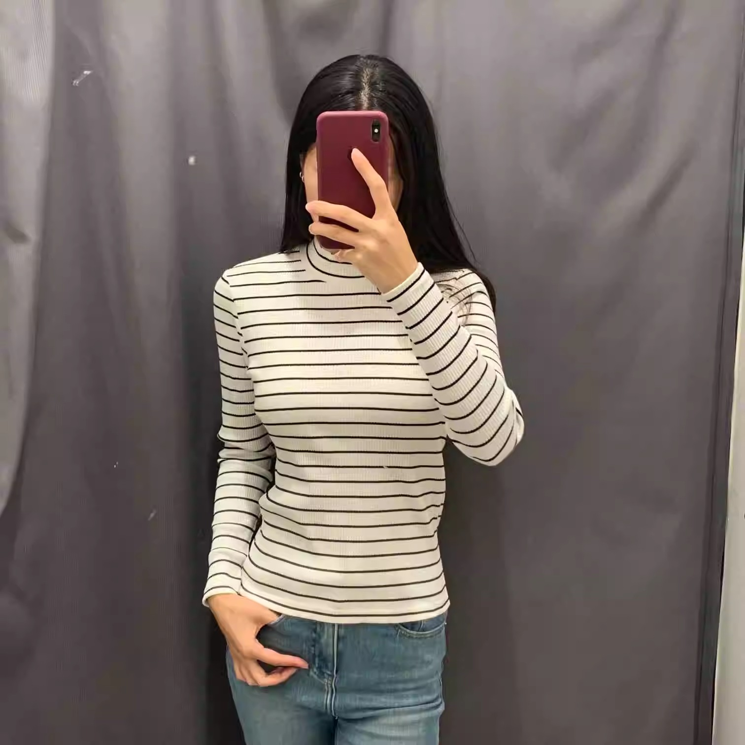 日系女装修身显瘦百搭罗纹条纹高领T恤长袖小高领秋冬款472870