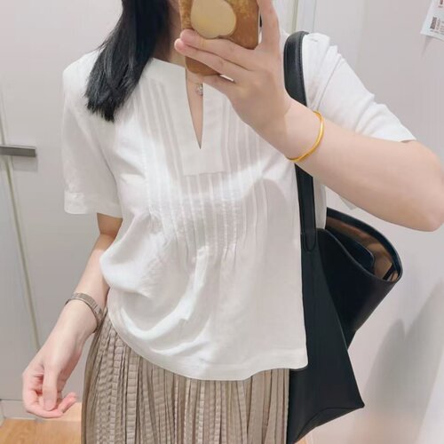 女装麻混纺半开领衬衫短袖衬衣休闲打褶衬衣T恤夏季新款487477