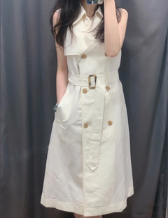 日系新款夏季女款气质显瘦麻混纺西装领系腰带无袖连衣裙女461958