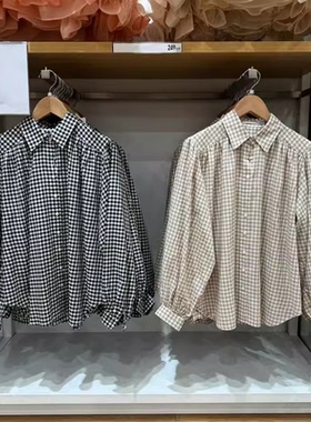 日系春夏季女装薄型宽松格纹衬衫长袖打褶灯篓袖格子衬衣468794