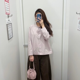 女装简约夹克式衬衫长袖衬衣棉质立领休闲宽松纯色百搭外套487181