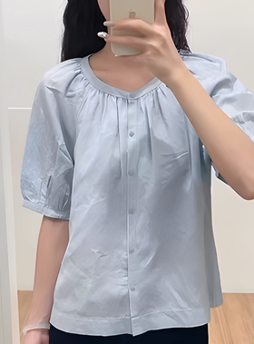 日单女装麻混纺泡泡袖衬衫短袖衬衣打褶上衣夏季475655/477604