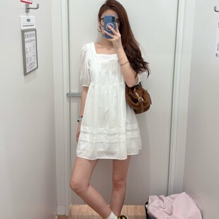 裙子春夏新款 482790 棉质提花迷你连衣裙方领宽松休闲纯棉短袖 女装