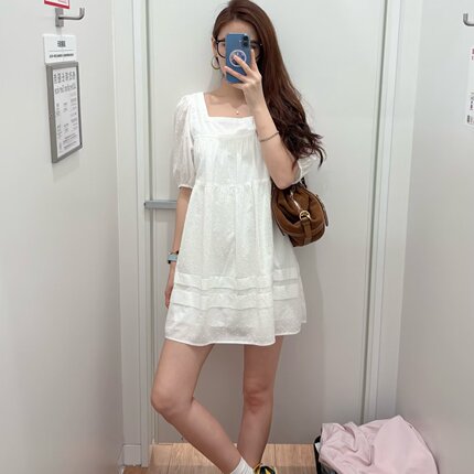女装棉质提花迷你连衣裙方领宽松休闲纯棉短袖裙子春夏新款482790
