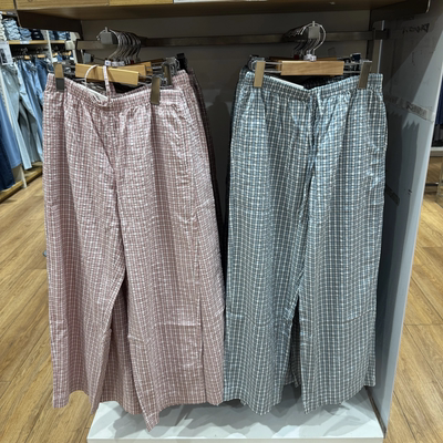 女装舒适格子条纹直筒长裤泡泡纱休闲裤居家裤春夏483910/484604