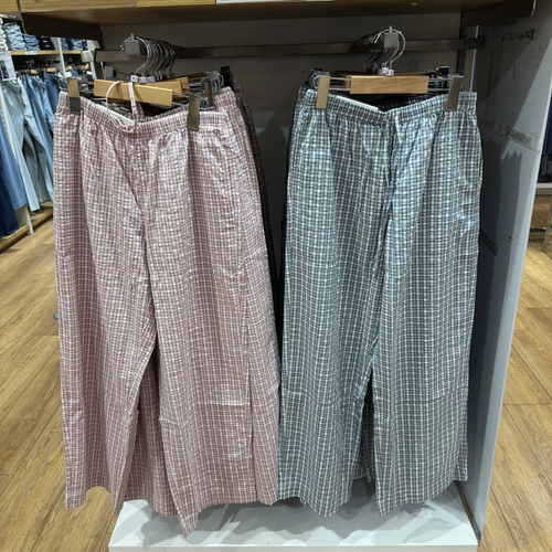 女装舒适格子条纹直筒长裤泡泡纱休闲裤居家裤春夏483910/484604