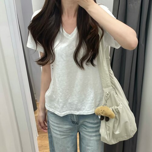 夏款百搭休闲简约竹节纱V领短袖T恤女上衣456005/483460/467044