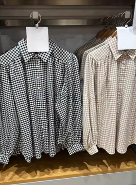 日系春夏季女装百搭薄型宽松格纹衬衫长袖打褶格子衬衣468794