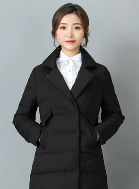新款移动西装领羽绒服女保暖冬装营业厅工装制服黑色长款外套冬季